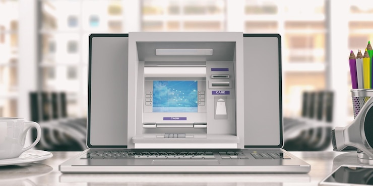Photo online money concept atm machine and a laptop office background 3d illustration