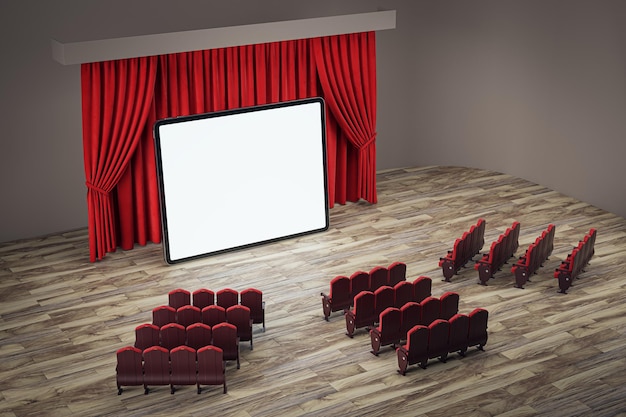 Online movie concept with perspective view on blank white digital tablet screen with place for your web site or picture in front of chairs on red backstage curtain background 3D rendering mock up