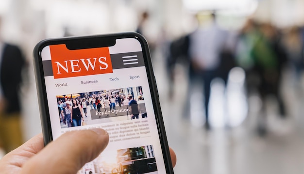 Online news in mobile phone. Close up of smartphone screen. Businessman reading articles in application. Hand holding smart device. Mockup website. Newspaper and portal on internet.