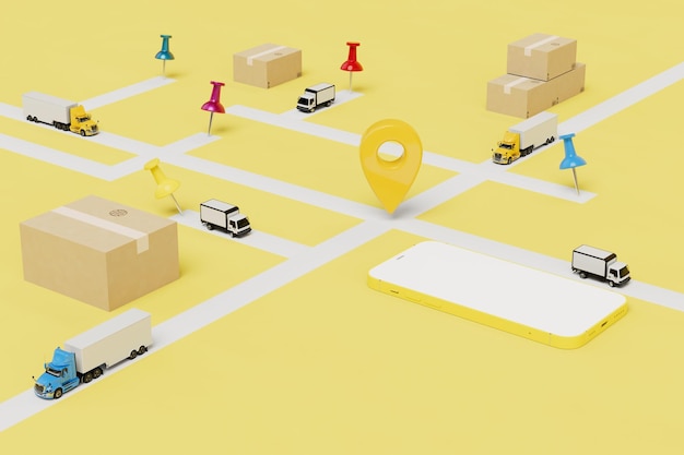 Online order of parcel delivery smartphone parcels and trucks on the map with designated GPS points