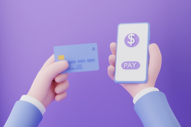 Online payment concept. Cartoon hand holding smartphone and credit bank card on violet background, 3d illustration