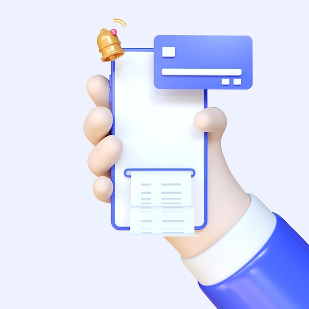 Photo online payment concept transaction receipt payment approved mockup with cartoon hand 3d render