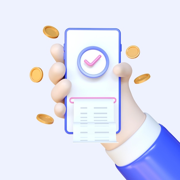 Foto ricevuta della transazione del concetto di pagamento online mockup approvato di pagamento con rendering 3d della mano dei cartoni animati