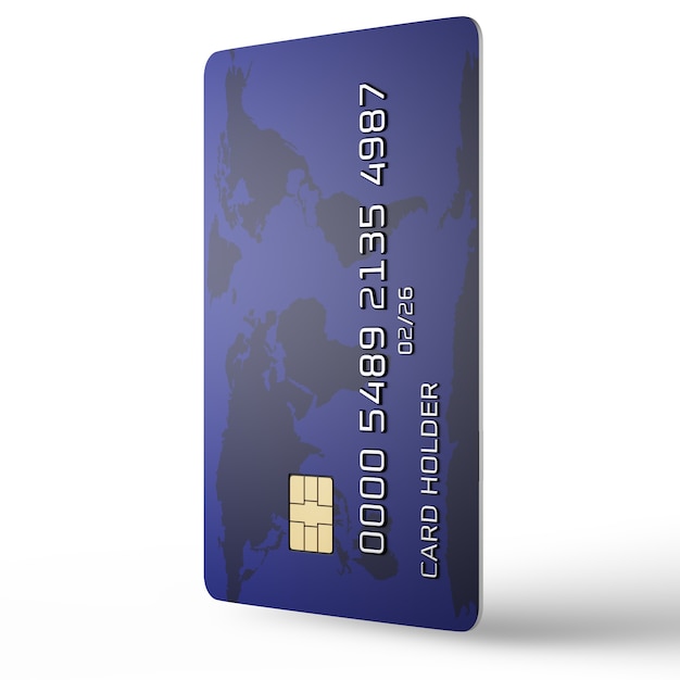 Фото Концепция онлайн-платежей. кредитная карта вертикально на белом фоне. вымышленный номер карты. 3d визуализация