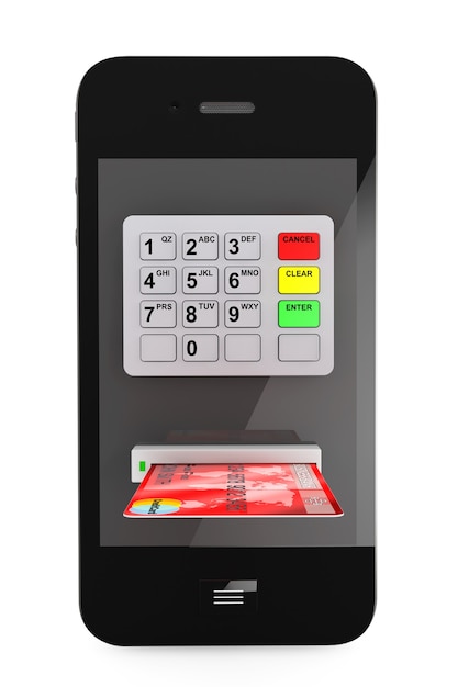 Фото Концепция онлайн-платежей. мобильный телефон с банкоматом и кредитной картой на белом фоне