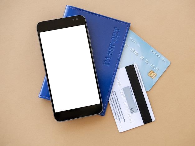 Online payments mobile mockup digital technology smartphone with blank screen foreign passport and