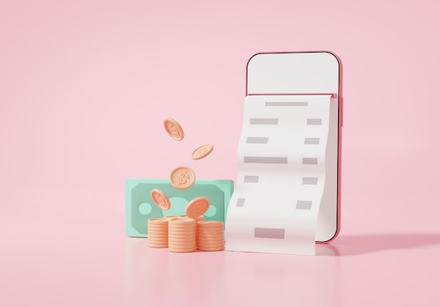 Pagamenti online tramite il concetto di carta di credito o di debito. mostra il trasferimento della fattura sulla vista frontale dello smartphone transazioni finanziarie su internet connettiti in tutto il mondo. su sfondo rosa, rendering 3d