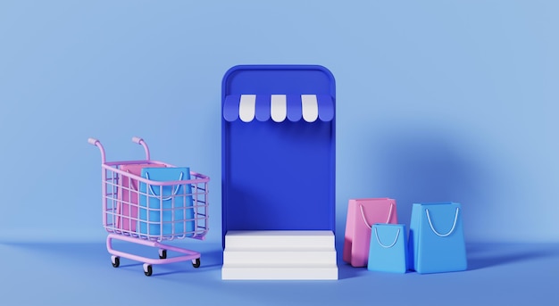 Photo online phone with shopping cart and bags on blue color background