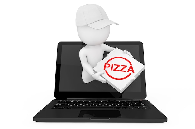 オンラインピザのコンセプト。 3Dキャラクターピザディーラーは、白い背景の上のノートパソコンの画面を介してピザを配達します。 3Dレンダリング