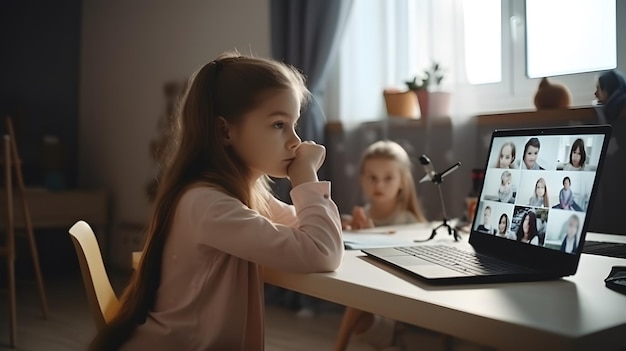 Photo online remote learning school kids with computer having video conference chat with teacher and class group child studying from home generative ai