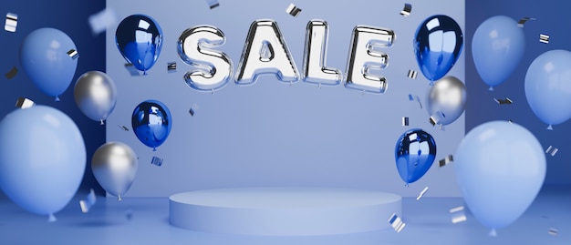 online sale in blue concept banner with podium for product display and balloons