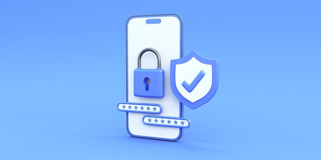 online security concept with blue smart phone and password 3d render