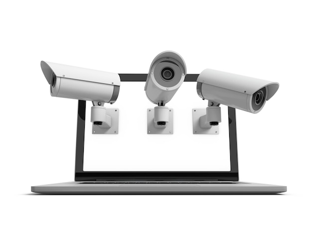 CCTV 보안 카메라가 있는 온라인 보안 노트북 3D 렌더링