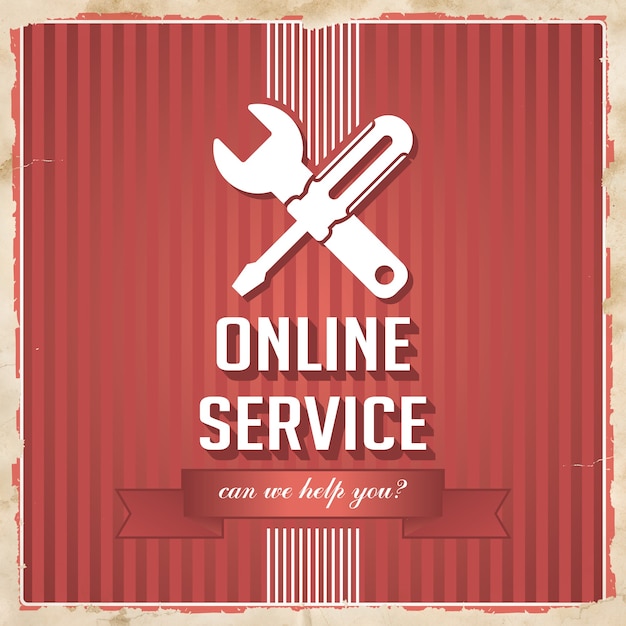 online service with icon of crossed screwdriver and wrench and slogan on red striped. vintage concept in flat design.