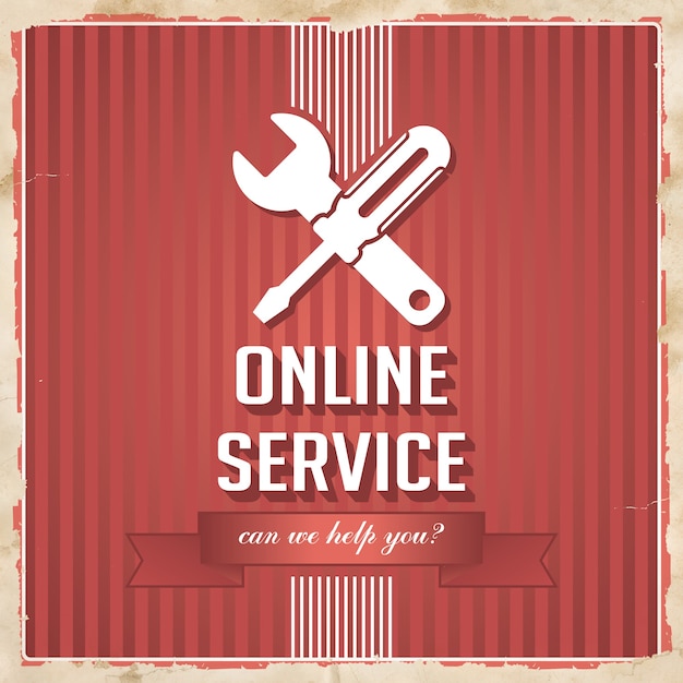 Online Service with Icon of Crossed Screwdriver and Wrench and Slogan on Red Striped. Vintage Concept in Flat Design.