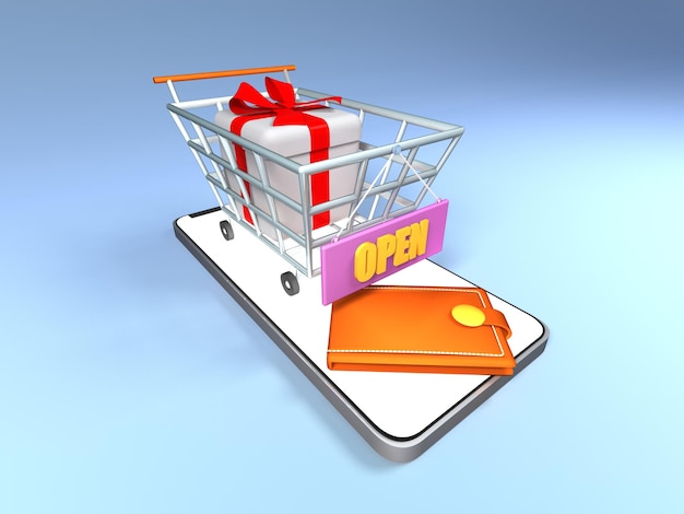 Online shopping 3D illustration concept with gift box in shopping cart and wallet 3d rendering