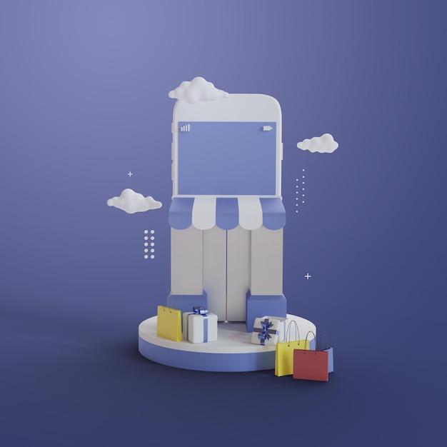 Фото Интернет-магазин 3d-рендеринг с магазином смартфонов на синем фоне премиум-дизайн для рекламного баннера, плаката и шаблона сообщения в социальных сетях