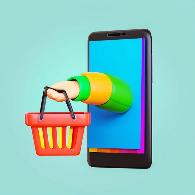 Online shopping app concept een smartphone met een arm die een winkelmandje vasthoudt