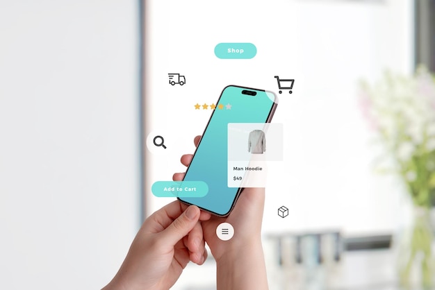 Online shopping app on smartphone UI components hovering around showing product price delivery and package status concept of modern eCommerce experience