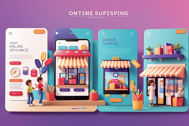 Online shopping banner mobile app templates concept flat design