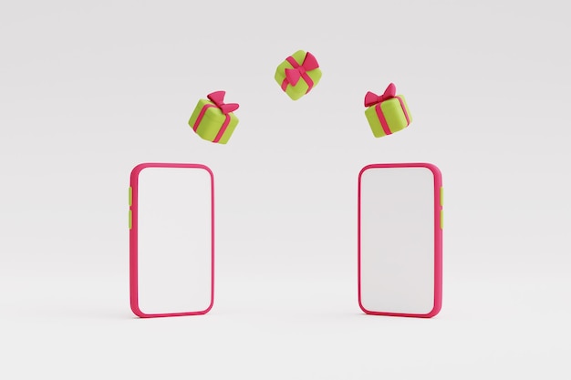 クリスマスと新年のギフトのオンラインショッピング、スマートフォン.3dレンダリングイラスト付きのカラフルなギフトボックス。