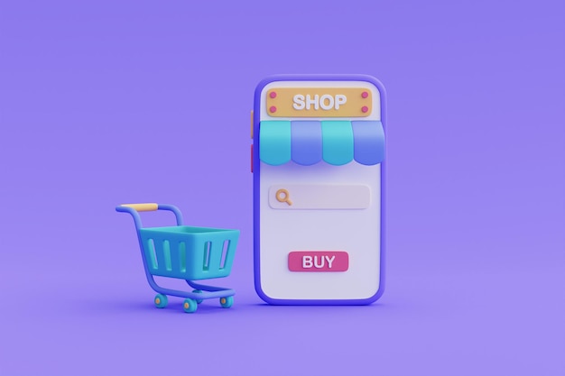 Photo online shopping concept on 3d smartphone with shopping cart,digital marketing promotion,online payment.3d render illustration.