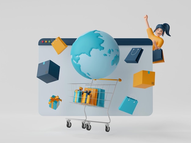 オンライン ショッピングの概念消費者は、コンピューター画面の 3 d イラストレーションで e コマース市場でアイテムを選択して購入します。
