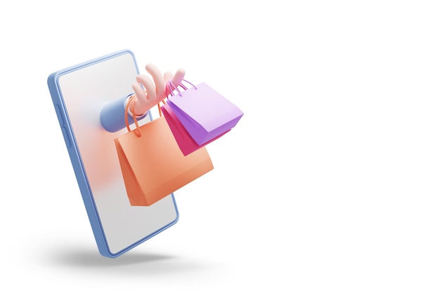 복사 공간 3d Renderon 흰색 배경에 복사 공간 3d 렌더가 있는 흰색 배경에 격리된 휴대 전화에서 나오는 다채로운 종이 가방을 들고 손을 잡고 있는 온라인 쇼핑 개념