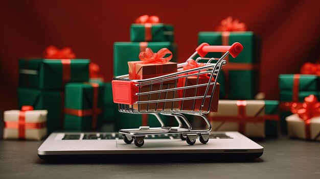 Концепция онлайн-покупок Подарочная коробка, завернутая в небольшую тележку, находится на ноутбуке
