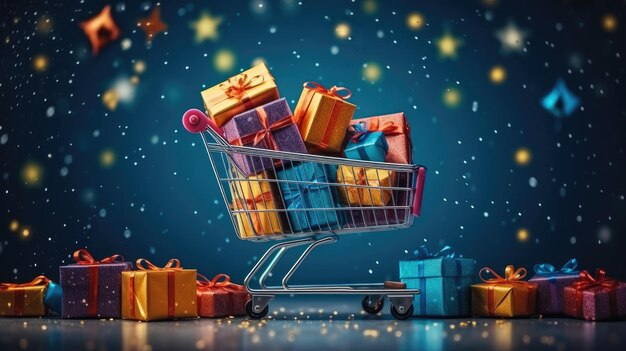 Online shopping concept shopping cart full of colorful gift boxes on dark blue background