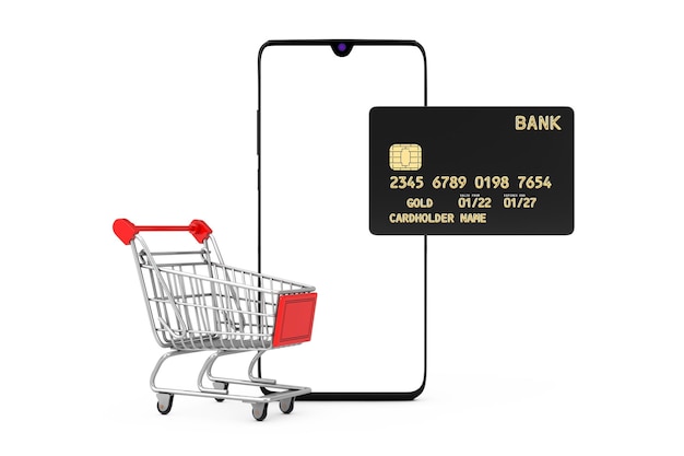 オンラインショッピングのコンセプト。白い背景の上の携帯電話とクレジットカードでショッピングトロリーカート。 3Dレンダリング
