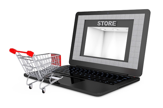 Online Shopping Concept. Shoppping Cart over Laptop with Store Building as Screen on a white background. 3d Rendering