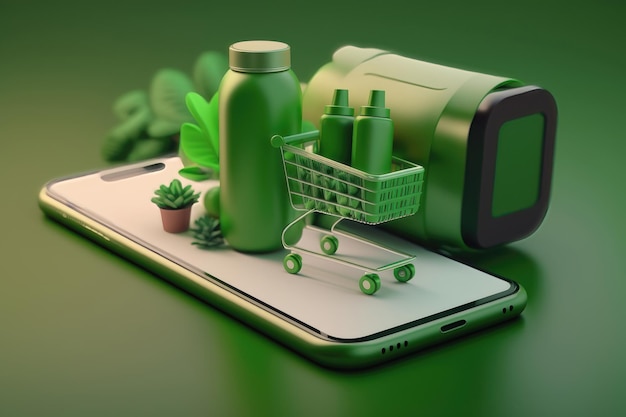 녹색 배경 AI 세대에 스마트폰에 온라인 쇼핑 개념