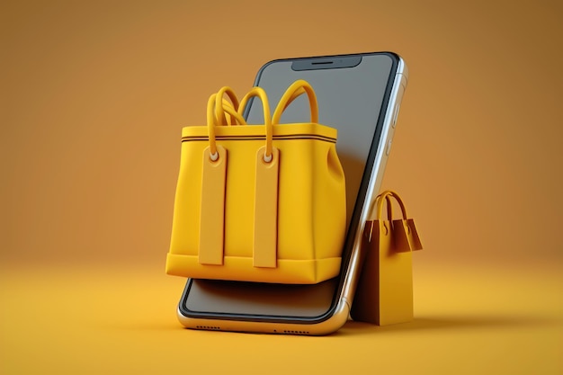 Online shopping concept on smartphone on yellow background AI Generation