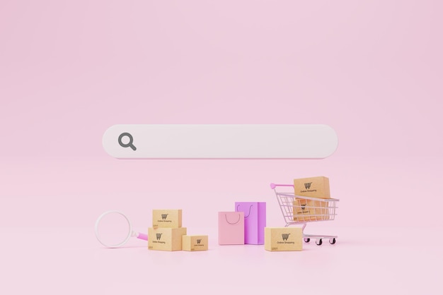 Photo online shopping concept web or mobile application ecommerce carton paper box with shopping cart and magnifying glass on pink background with search bar 3d rendering