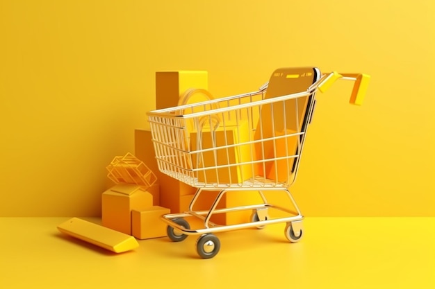 Online shopping concept web or mobile application ecommerce smartphone with shopping cart and shopping bag on yellow bac