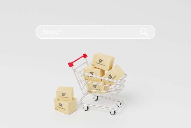 Концепция онлайн-покупок интернет-магазин или мобильное приложение электронная коммерция картонная бумажная коробка в корзине на белом фоне с панелью поиска 3d-рендеринг
