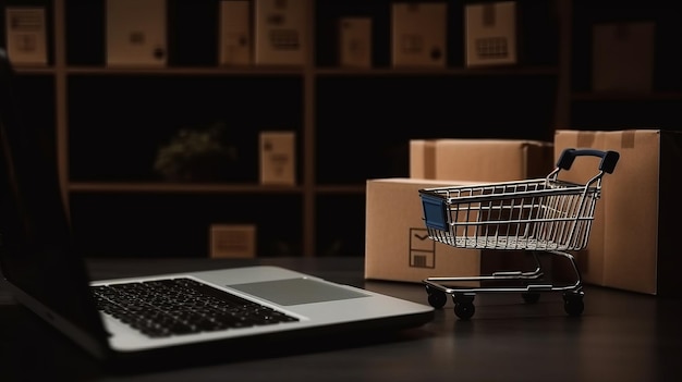 Online shopping concept Winkelwagen in de buurt van een laptop op een donkere achtergrond Al gegenereerd