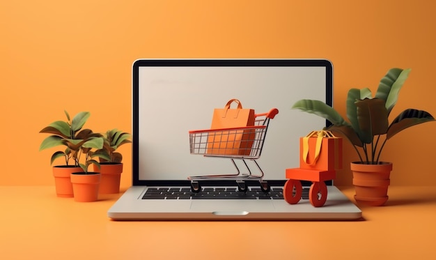 Foto online shopping concept winkelwagen op laptop achtergrond generatieve ai