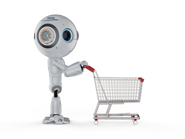 Online shopping concept with 3d rendering cute artificial intelligence robot with shopping cart