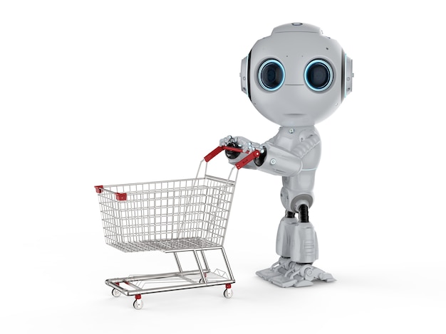 Online shopping concept with 3d rendering cute artificial intelligence robot with shopping cart