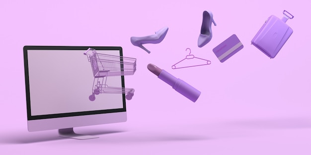 Concetto di shopping online con computer carrello della spesa rossetto carta di credito 3d illustrazione copia spazio