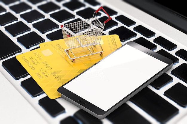 Foto concetto di shopping online con carta di credito e cellulare