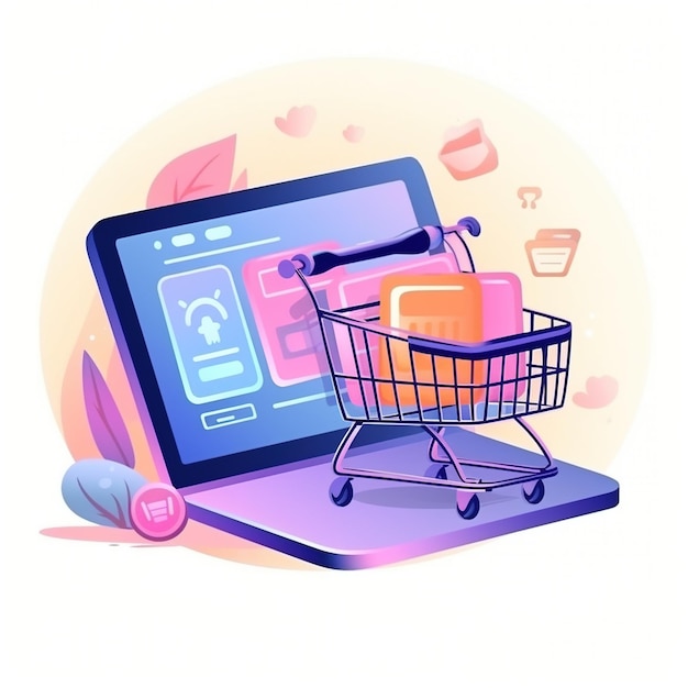 Online shopping concept with a laptop and a shopping cart