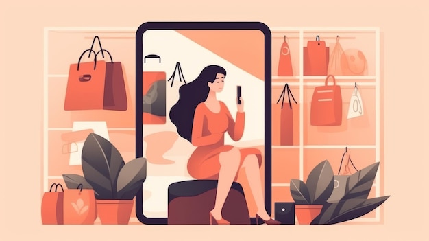 Foto concetto di shopping online una donna sceglie e acquista prodotti nel negozio di applicazioni mobili online generative ai