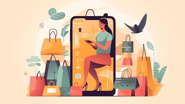 Концепция онлайн-покупок Женщина выбирает и покупает товары в интернет-магазине мобильных приложений Generative AI