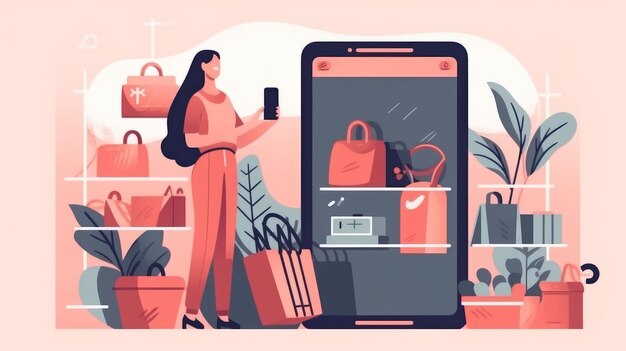 Concetto di shopping online una donna sceglie e acquista prodotti nel negozio di applicazioni mobili online generative ai