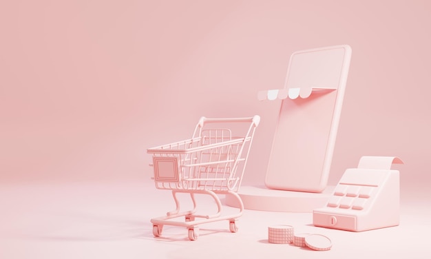 Photo online shopping and delivery concept with copy space on pink pastel background. business and delivery e-commerce store. 3d illustration rendering