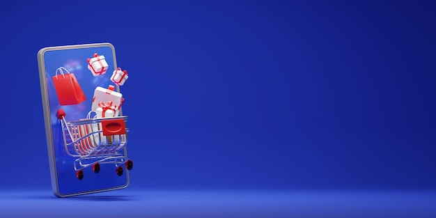 파란색 배경 3D 렌더에 장바구니 선물 상자와 가방이 있는 휴대폰의 온라인 쇼핑 디자인