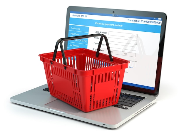 Фото Концепция электронной коммерции онлайн-покупок корзина для покупок на клавиатуре ноутбука на белом фоне
